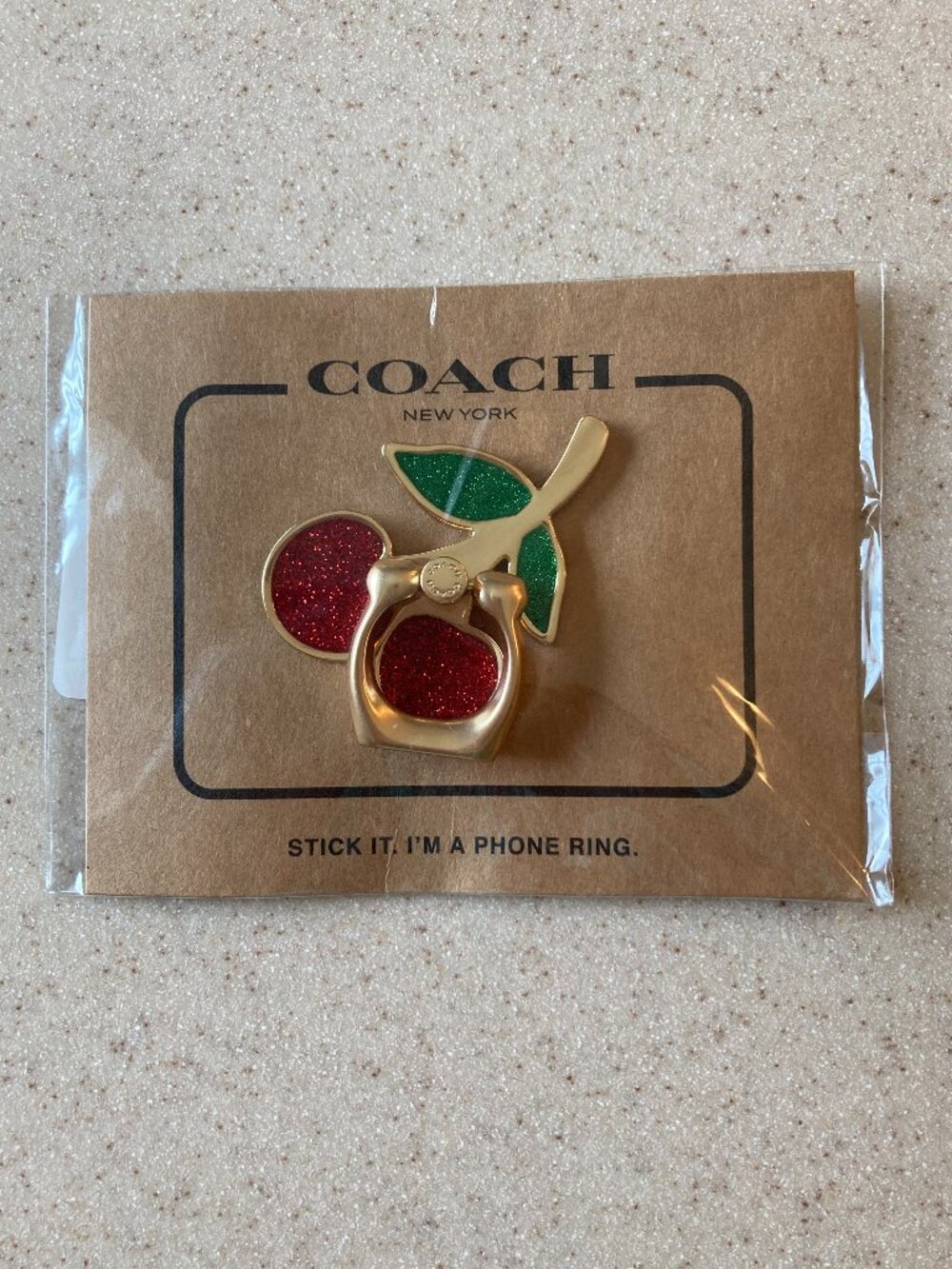 NWT Coach Cherry Phone Ring Grip - Gold with Red and Green Glitter